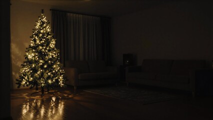Fototapeta premium Cozy living room with glowing Christmas tree, warm lights reflecting on hardwood floors.