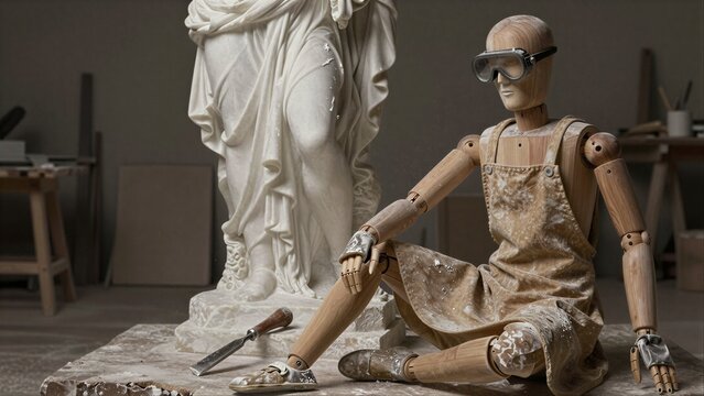 Wooden artist mannequin sits beside marble statue in dusty workshop.