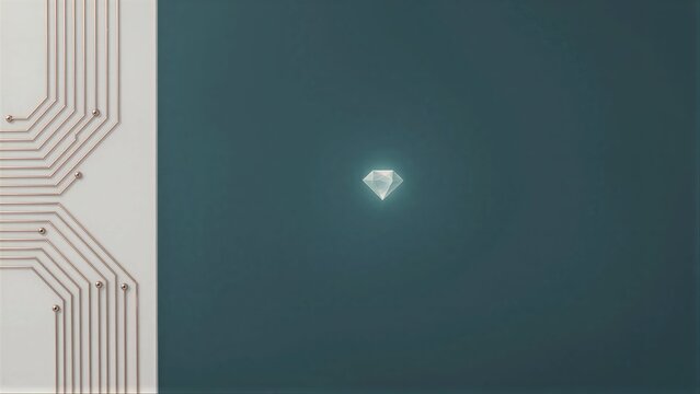 Copper circuit lines contrast with a glowing diamond on dark teal background.