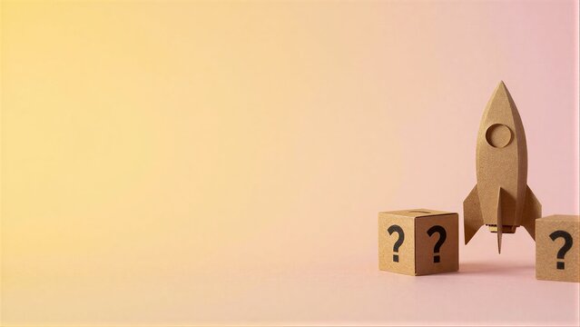 Paper rocket stands beside question marks, symbolizing startup potential and uncertainty.
