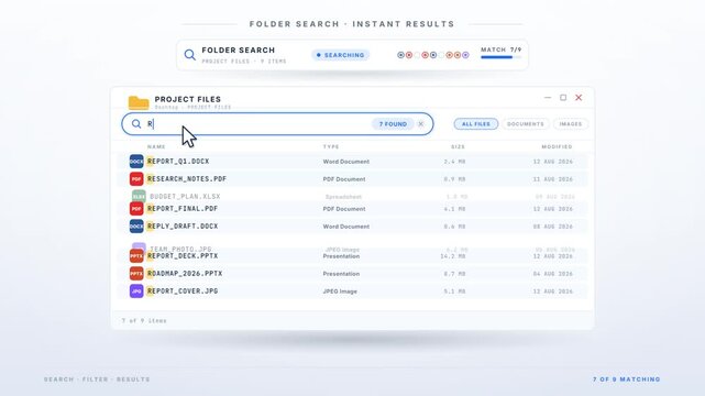 Folder search interface filtering documents with instant results as a query is typed
