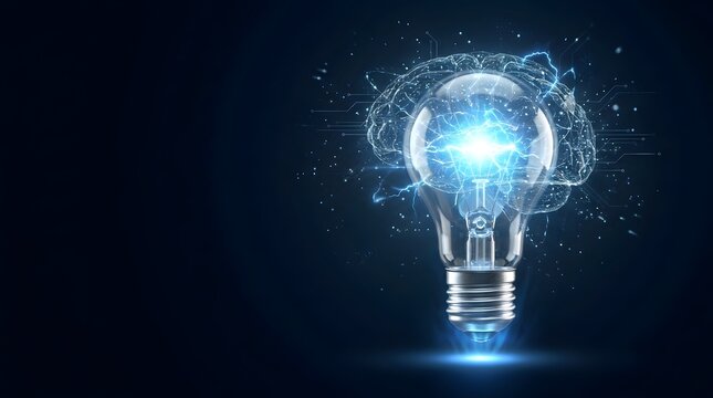 Glowing lightbulb with digital brain and electric sparks on dark blue background