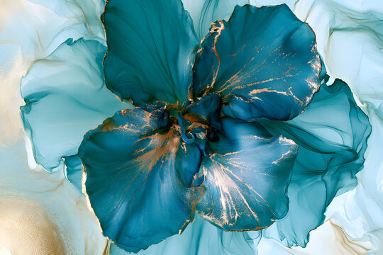 A floral design crafted with alcohol ink in teal, blue, and gold tones, set against a liquid marble backdrop. Perfect for posters, flyers, cards, and banners, this modern layout features abstract pain