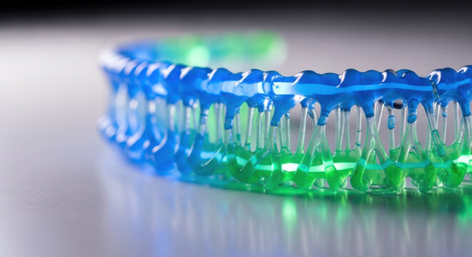 Colorful dental retainer with translucent blue and green resin highlighting microbiome health research in lab style closeup