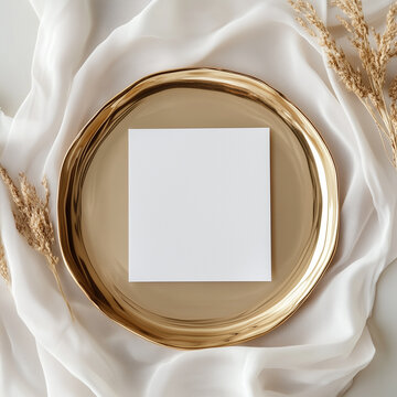 quare Blank White Card Mockup on a Round Gold Plate with Linen and Pampas Grass
