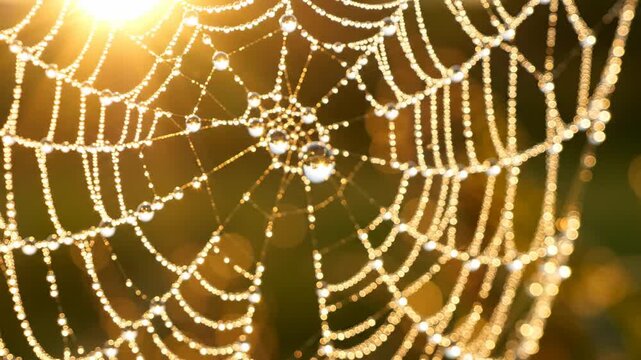 Close-up of a delicate spiderweb covered in glistening morning dew drops, illuminated by warm golden sunlight, creating a magical natural background