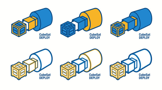 Isometric vector icons of cubesat deployment mechanism nanosatellite release system in space technology concept