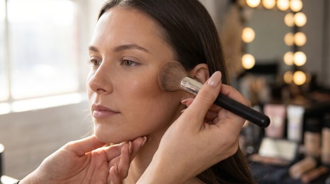 Professional makeup artist applying contour powder with a large brush on a young woman face in a studio setting