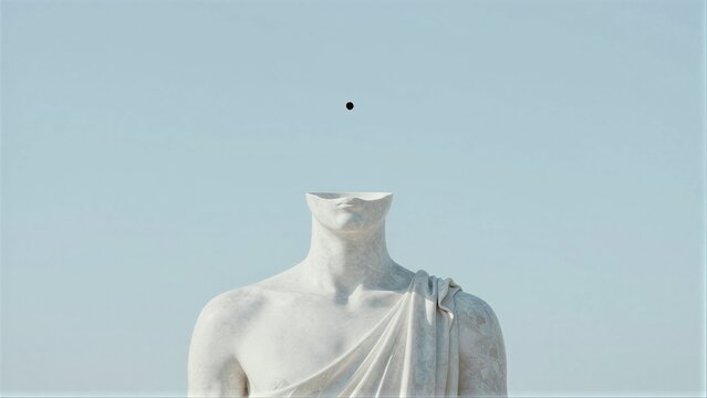 Headless statue with draped cloth against pale sky, a black dot floats above its neck.