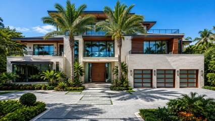 Fototapeta premium Modern luxury tropical house with elegant architecture and lush landscaping