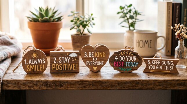 Five motivational wooden signs displaying positive daily affirmations on rustic wooden countertop with surrounded homey decor elements plants mug uplifting messages arranged