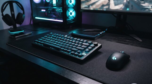 A clean and modern computer gaming desk setup featuring a mechanical keyboard, a matching gaming mouse on a large desk mat, and an RGB-lit computer case in the background