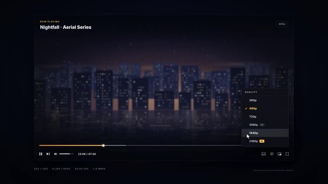 Video player interface switching playback quality to 4K and expanding to a fullscreen city view