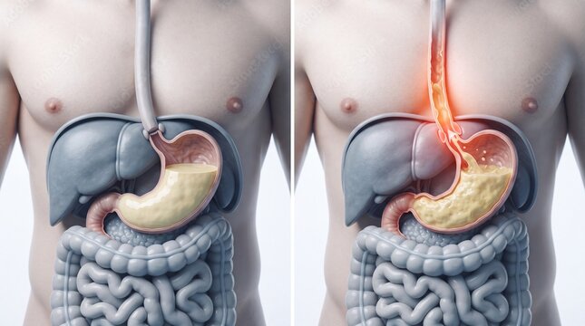 Acid Reflux and Heartburn Comparison Showing Stomach Acid Rising Into Esophagus