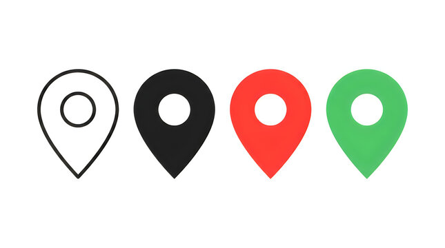 Four colored location map pins with holes