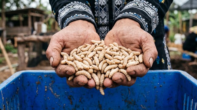An adult person holding a handful of white insect larvae or grubs over a blue plastic container in a rural agricultural setting for sustainable protein production and farming concept.