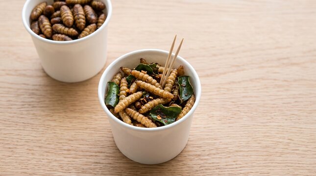 Two white paper cups filled with fried edible bamboo worms and silkworm pupae seasoned with herbs and chili, served as a novel street food snack on a light wooden table background.