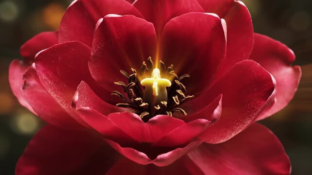 Macro close-up of a vibrant red tulip opening slowly, showing delicate petals and intricate center, ideal for nature, beauty, or spring themes