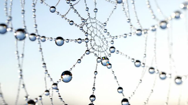 Close up of a dew-covered spider web with intricate droplets reflecting light, delicate natural pattern against a soft sky background, macro detail