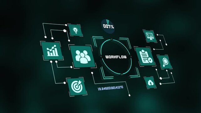 Futuristic digital HUD interface showcasing business workflow automation concept with technical icons