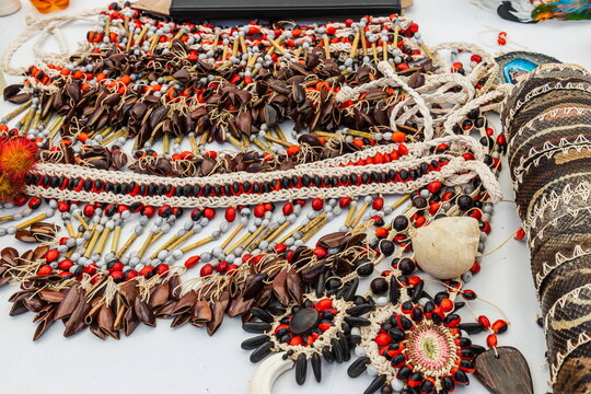 Traditional women's clothing, belts, and necklaces made from rainforest plant seeds, handcrafted by artisans from the indigenous peoples of the Ecuadorian Amazon (South America)