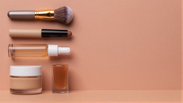 Beige shelf holds makeup tools and products against a warm-toned background.