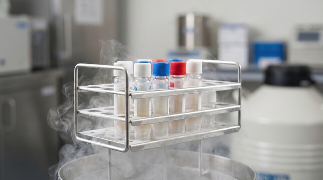 Cryogenic Storage Vials in Laboratory with Dry Ice Vapor