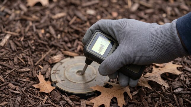 Close-up of a termite activity meter probing an in-ground bait station