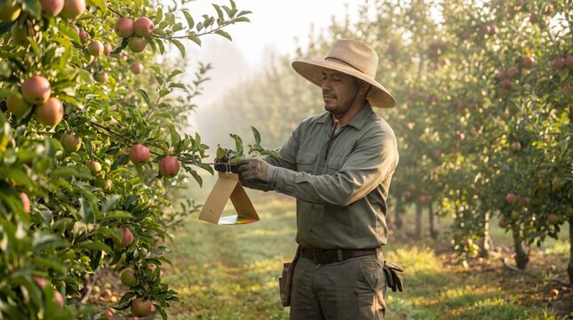 Pest control technician hanging a pheromone trap among orchard fruit trees