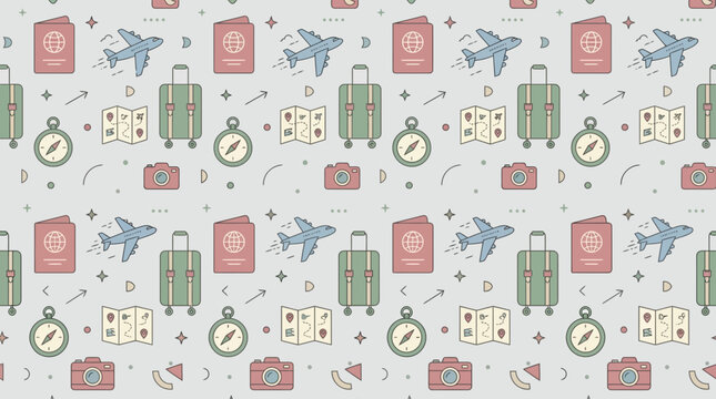Seamless Travel Pattern: Airplane, Suitcase, Passport, Camera Icons