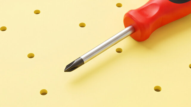 Close-up view of a single red-handled Phillips screwdriver lying on a bright yellow pegboard surface with neat holes.