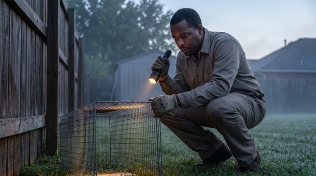 Pest control technician checking a humane trap in a backyard at dawn