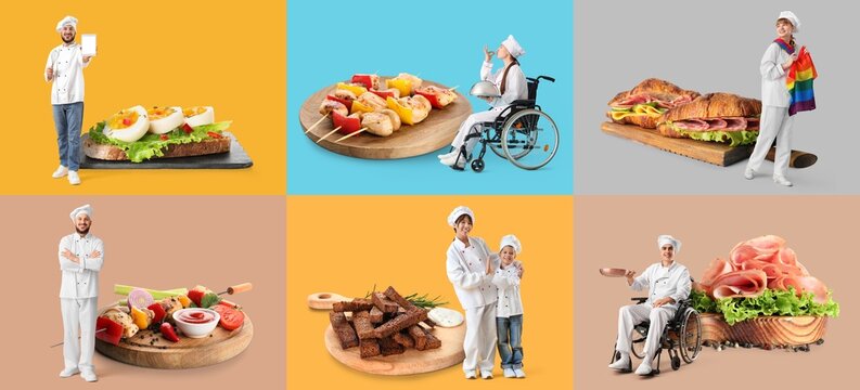 Diverse chefs and culinary creations collage with various food dishes and cooking professionals on colorful backgrounds, Other scenes feature a chef with vegetable skewers, a chef with a child next