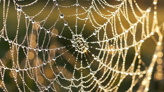 Delicate spider web glistening with morning dew drops, intricate natural pattern catching sunlight, macro detail
