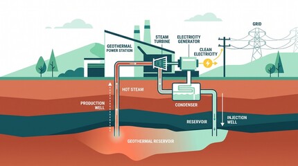 Naklejka premium Geothermal power station cross section diagram showing steam extraction turbine condenser with highlighting flow hot steam underground reservoirs through production wells turbines