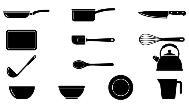 Kitchenware and cooking utensils icon collection featuring pans pots knives whisk and tableware for culinary projects kitchenware utensils cookware restaurant culinary catering