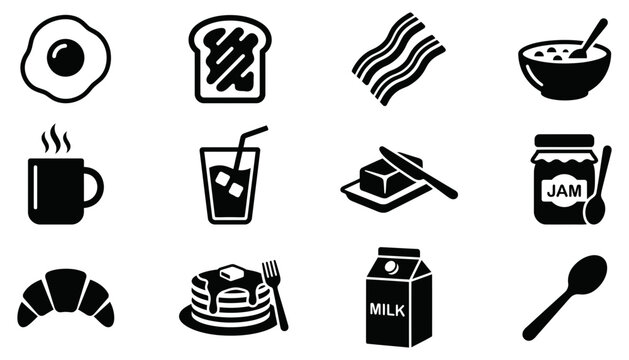 Set of black breakfast and food icons including egg toast bacon cereal coffee milk and pancakes for restaurant menu design with breakfast pancakes illustration restaurant