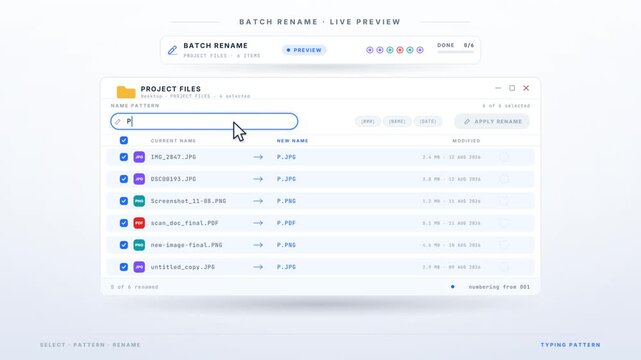 Batch rename tool applying a naming pattern to project files with a live preview list