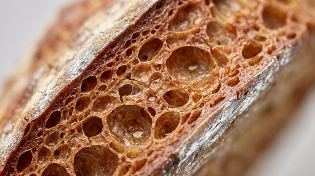 Macro photograph of sourdough bread crumb structure with open alveoli and golden brown crust