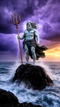 Poseid&oacute;n, Neptuno, dios del mar, mitolog&iacute;a griega, dios griego, tridente, oc&eacute;ano, mar, dios del oc&eacute;ano, mitolog&iacute;a, estatua, escultura, dios mitol&oacute;gico, tormenta, rayos, rel&aacute;mpagos, cielo dram&aacute;tico, ol