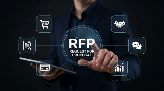 Businessman touching digital RFP request for proposal screen in office