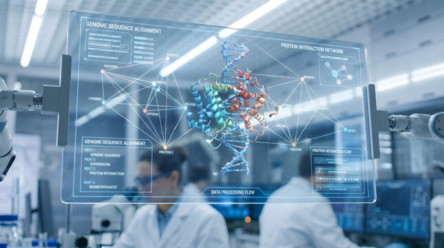 Advanced Biotechnology Research Laboratory Conducting Complex Molecular Genetic Analysis and DNA Sequencing Using Futuristic Holographic Data Interface