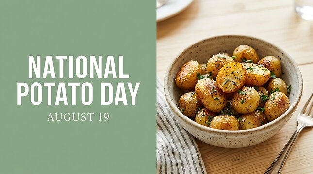 National Potato Day August 19 Social Media Post with Roasted Potatoes, Holiday Greeting Graphic with Green Text Banner, Roasted Vegetables Dish on Wooden Table