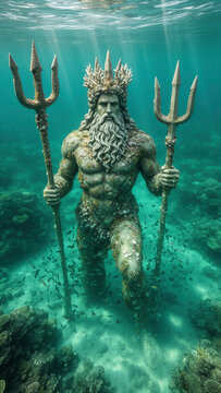 Poseid&oacute;n, dios del mar, mitolog&iacute;a griega, dios griego, Neptuno, oc&eacute;ano, mundo submarino, escultura submarina, tridente, mar, underwater, estatua, dios del oc&eacute;ano, mitolog&iacute;a, criatura mitol&oacute;gica, fanta