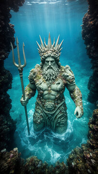 Poseid&oacute;n, dios del mar, mitolog&iacute;a griega, dios griego, Neptuno, oc&eacute;ano, mundo submarino, escultura submarina, tridente, mar, underwater, estatua, dios del oc&eacute;ano, mitolog&iacute;a, criatura mitol&oacute;gica, fanta
