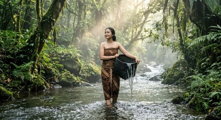 Fototapeta premium Woman carrying basket in lush forest stream