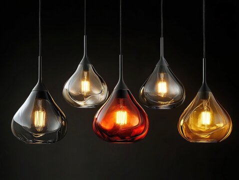 Stylish tear-drop glass pendant lights hanging against a dark background. Ideal for showcasing modern lighting design, interior decor, and elegance.