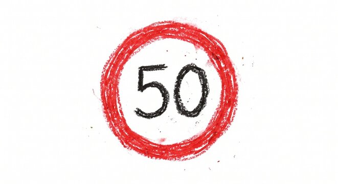 Red Crayon Drawing Speed Limit 50 Traffic Sign 