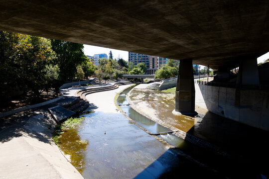 View of Guadalupe River Park under West San Fernando Street bridge in San Jose