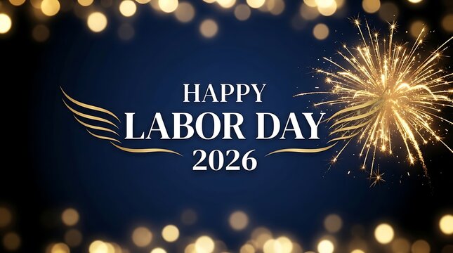 Happy Labor Day 2026, gold text with firework on blue background, elegant celebratory greeting card design with bokeh lights and winged typography